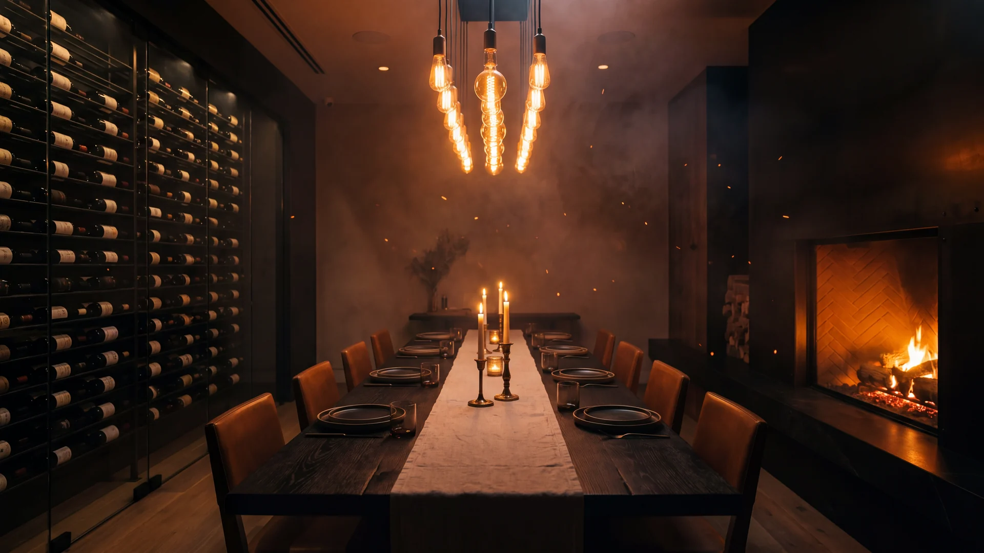 The Cellar Table — a private dining room lined with a floor-to-ceiling wine wall and lit by a live hearth