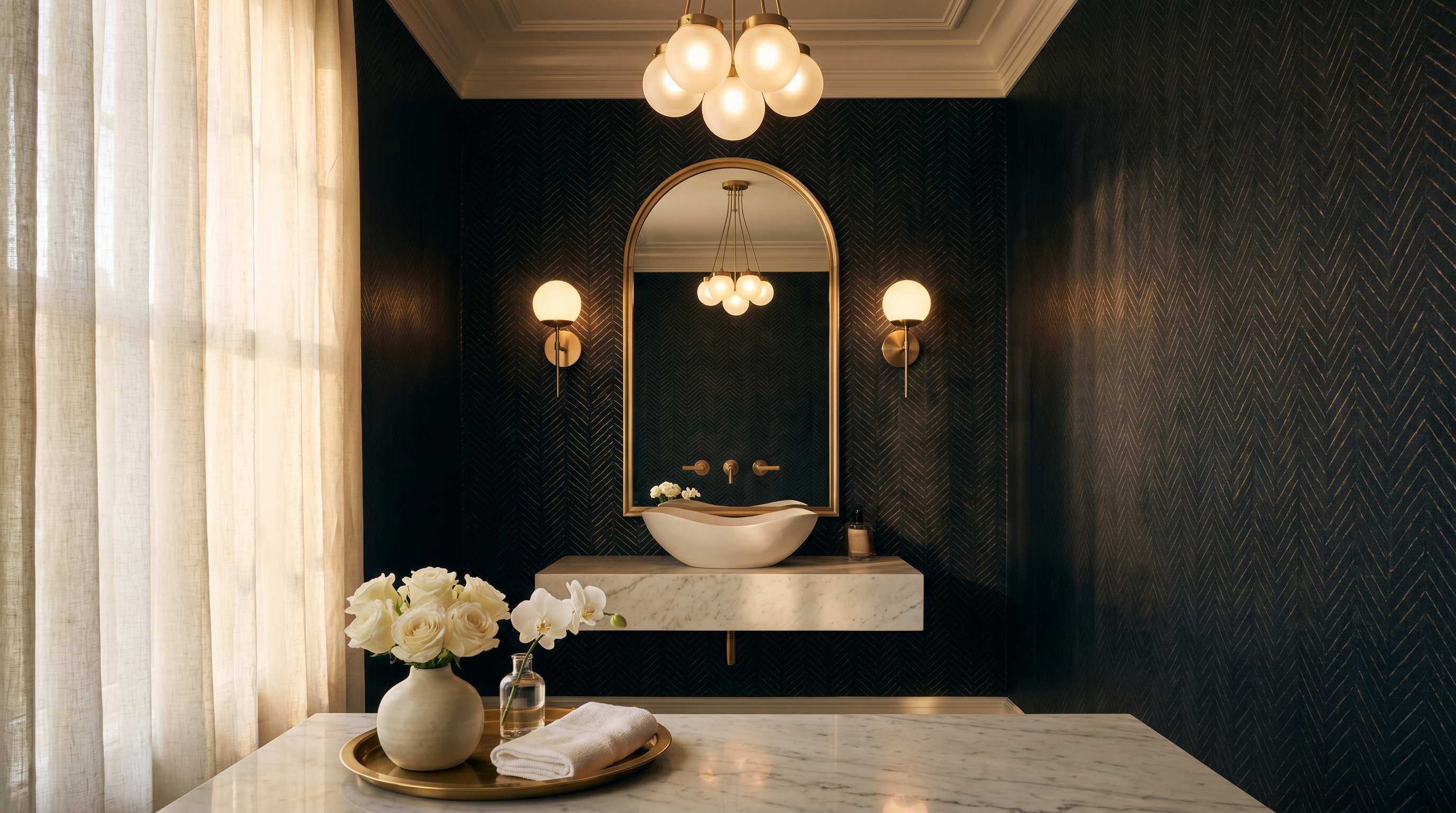 Brass and marble powder room with an arched mirror