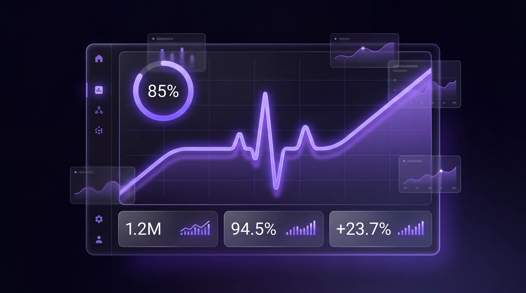 PULSE dashboard showing a live churn-risk pulse waveform, an 85% health gauge, and account metrics
